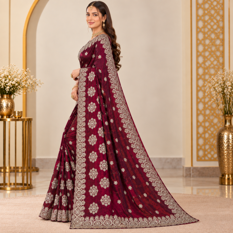Fendy Chiffon Party-Wear Saree with Belt in Red