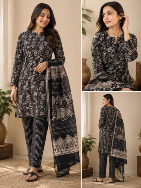 Printed Cotton 3-Piece Suit Set - Candy Cotton (Black & White)