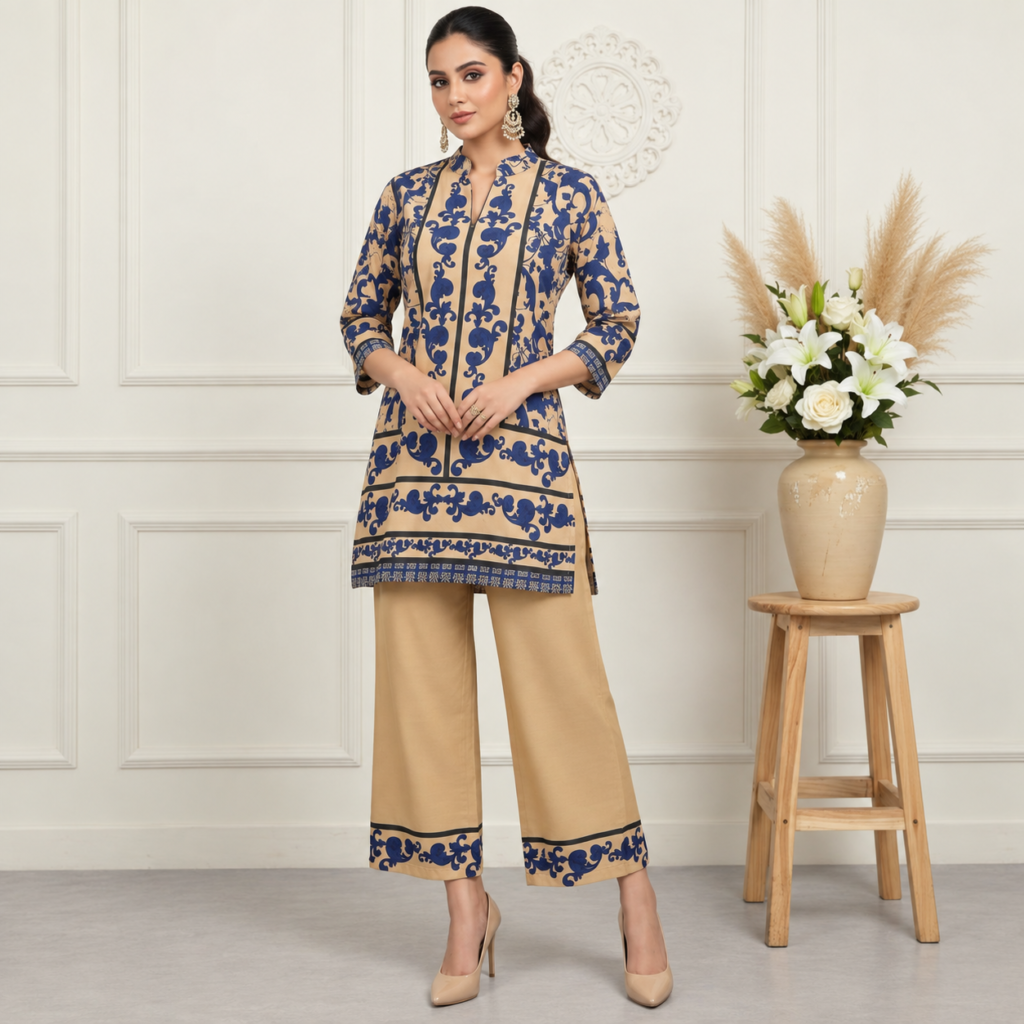 Navy Block-Print Cotton Co-ord Set