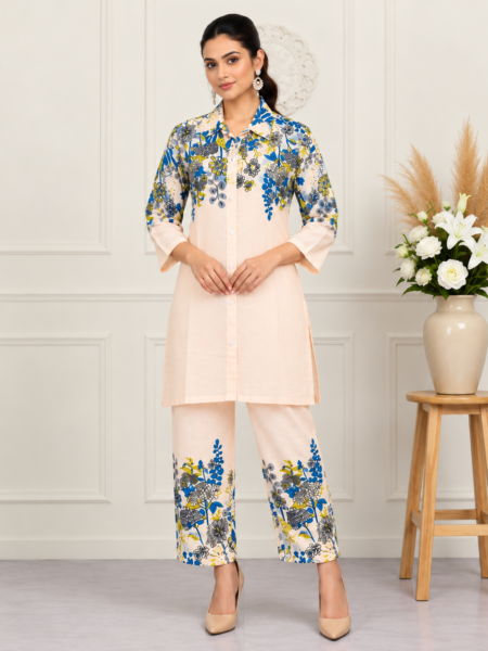Peach Floral Print Cotton-Linen Co-ord Set