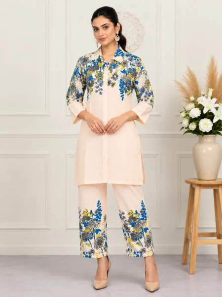 Peach Floral Print Cotton-Linen Co-ord Set