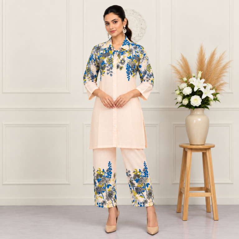 Peach Floral Print Cotton-Linen Co-ord Set