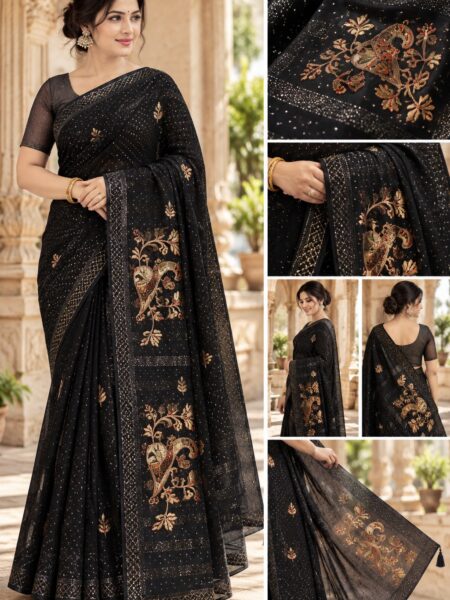 Woman wearing a black chiffon saree with gold embroidered floral motifs, with close-up embroidery details