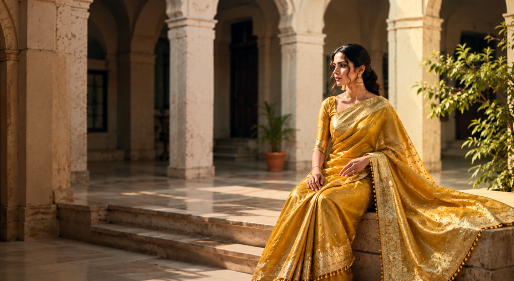 Banarasi-Style Silk Saree with Ghungroo Tassel Border in Gold - view 2