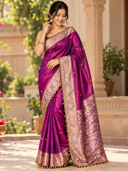 Banarasi-Style Silk Saree with Ghungroo Tassel Border
