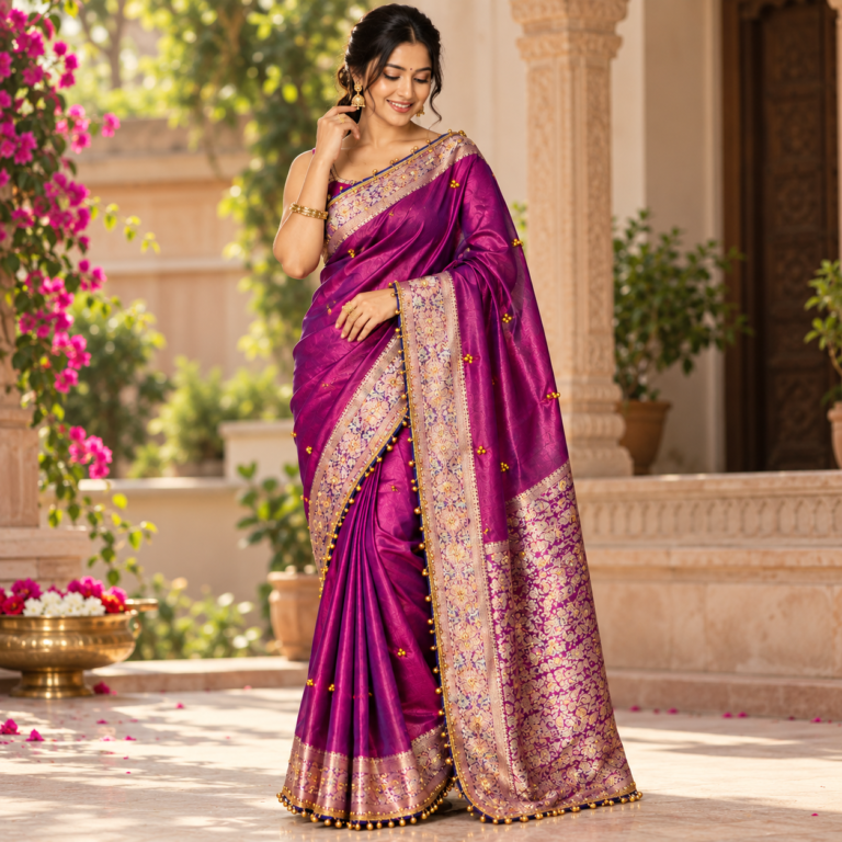 Banarasi-Style Silk Saree with Ghungroo Tassel Border