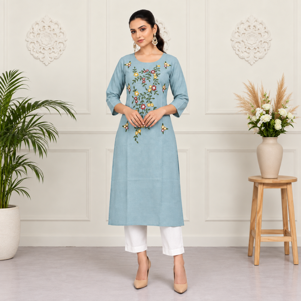 Dusty Blue Floral Embroidered Cotton Kurti