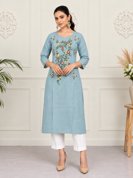 Dusty Blue Floral Embroidered Cotton Kurti