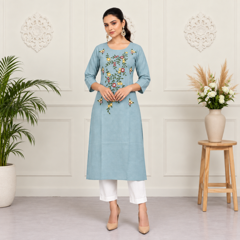 Dusty Blue Floral Embroidered Cotton Kurti