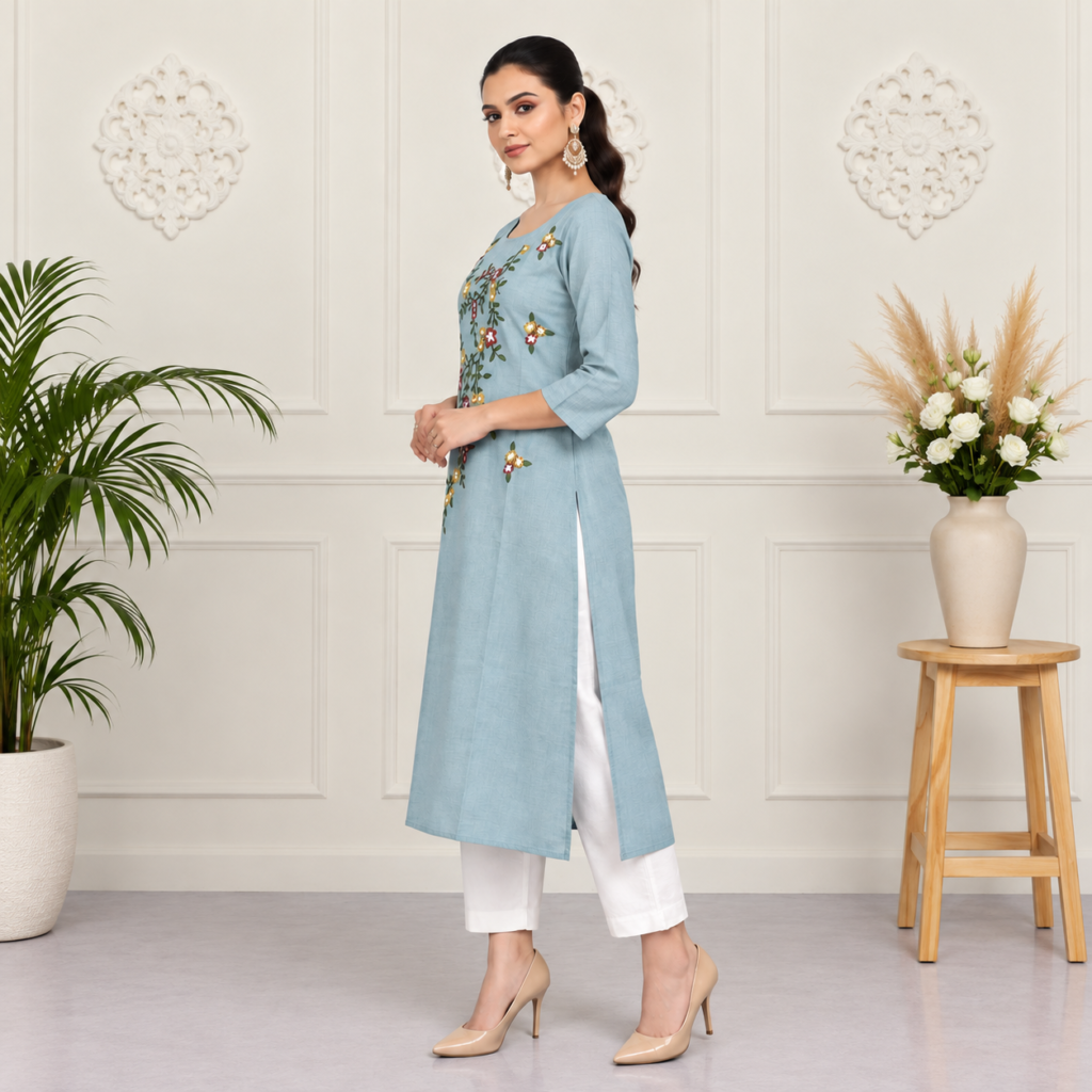 Dusty Blue Floral Embroidered Cotton Kurti - photo 2