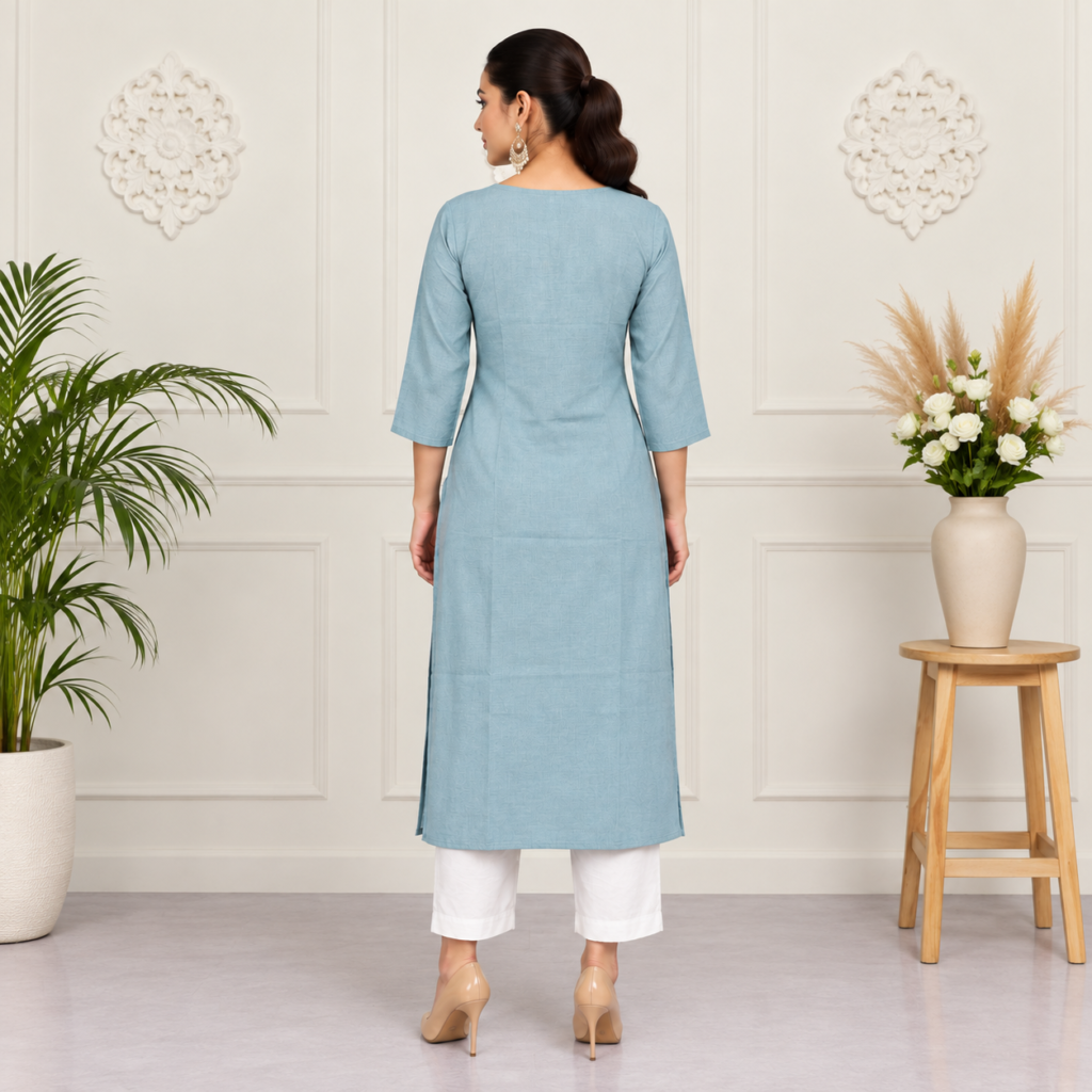Dusty Blue Floral Embroidered Cotton Kurti - photo 3