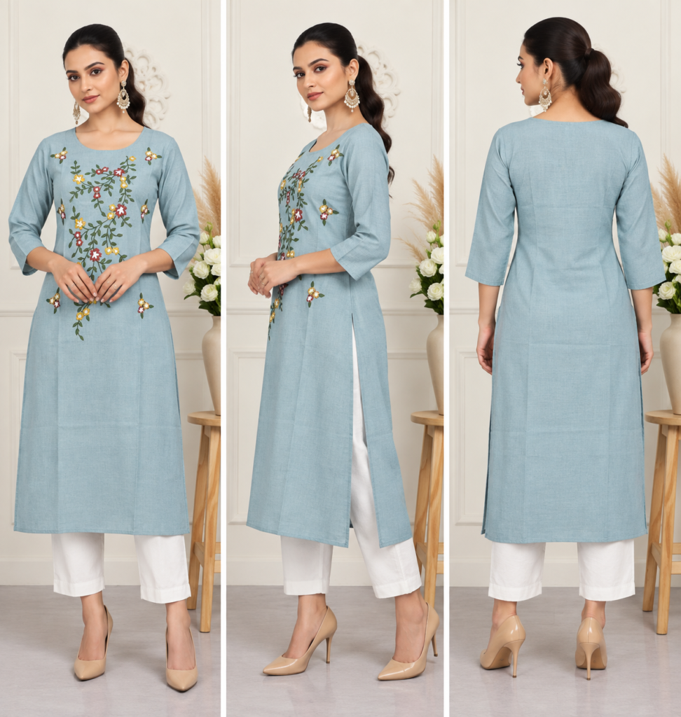 Dusty Blue Floral Embroidered Cotton Kurti - photo 4
