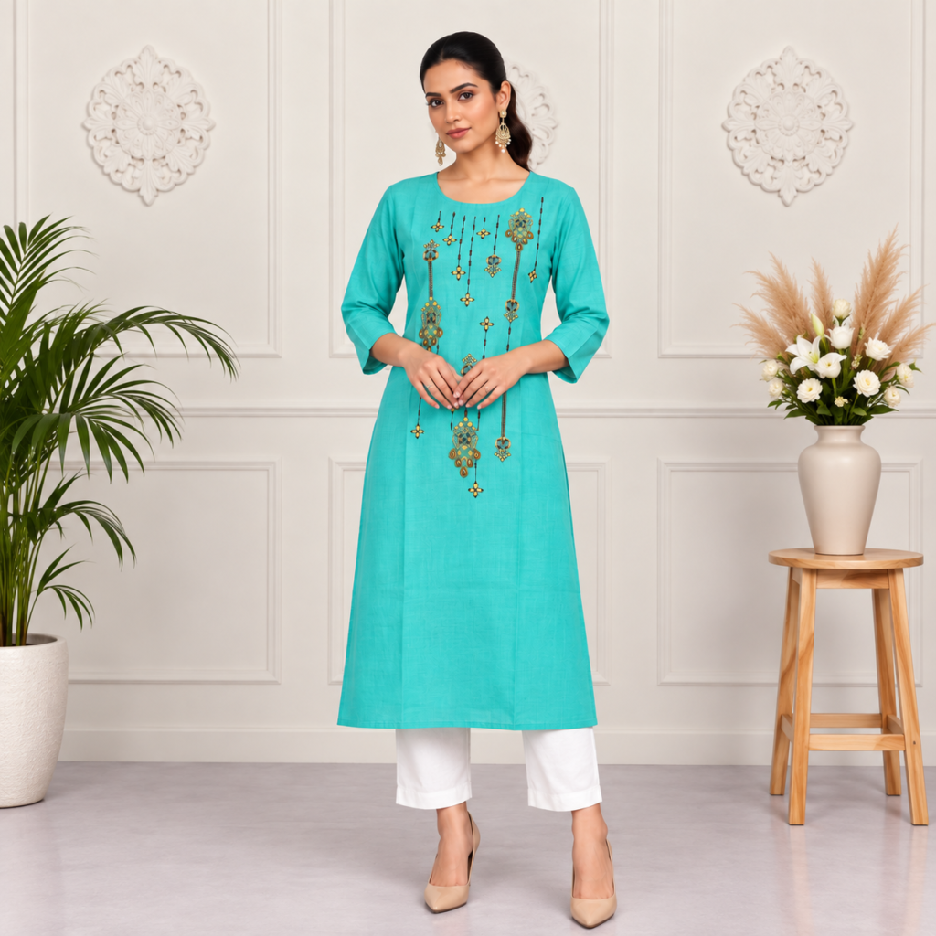Turquoise Embroidered Cotton Kurti