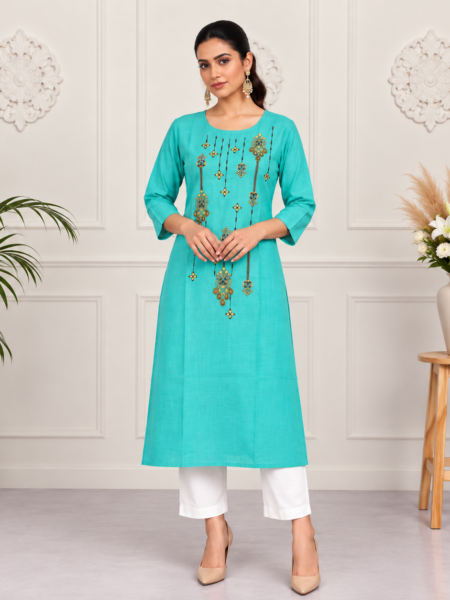 Turquoise Embroidered Cotton Kurti
