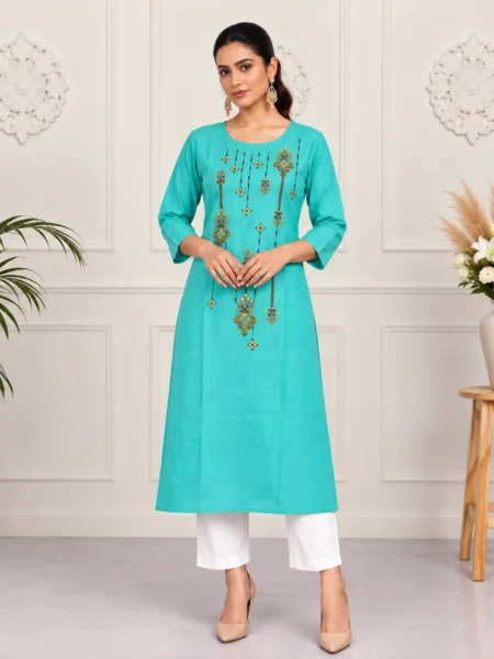 Turquoise Embroidered Cotton Kurti