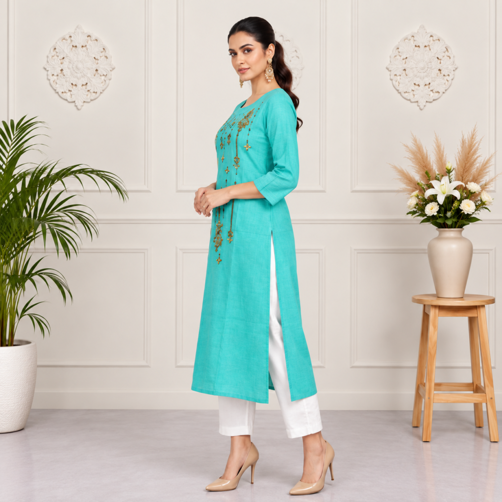Turquoise Embroidered Cotton Kurti - photo 2