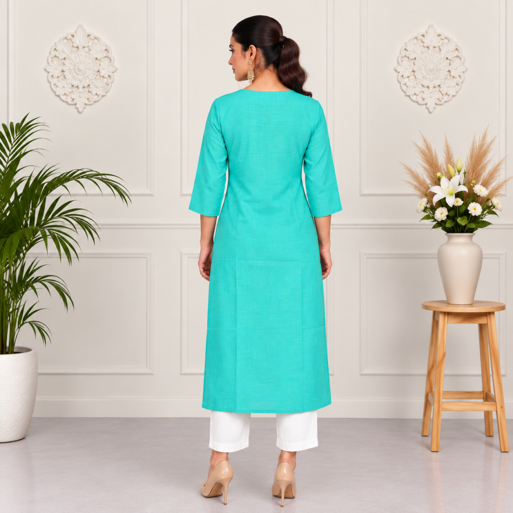 Turquoise Embroidered Cotton Kurti - photo 3