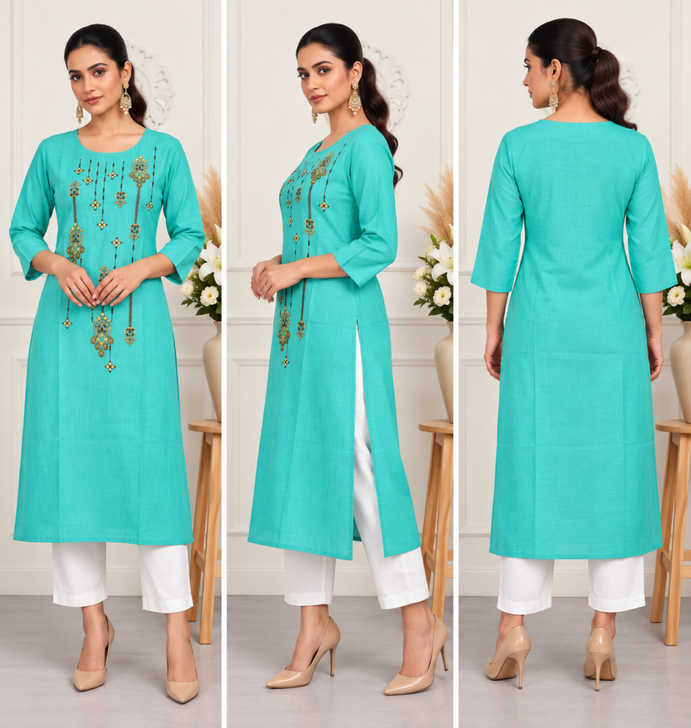 Turquoise Embroidered Cotton Kurti - photo 4