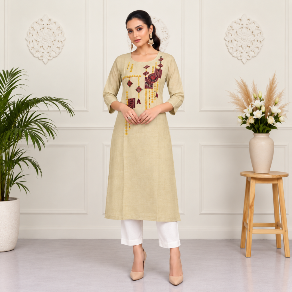 Beige Geometric Embroidered Cotton-Linen Kurti