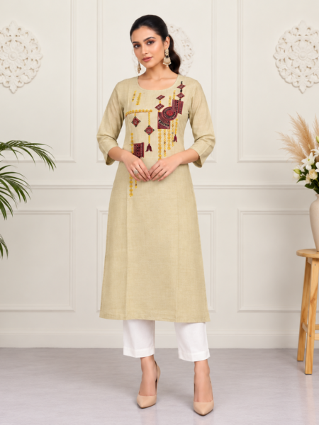 Beige Geometric Embroidered Cotton-Linen Kurti
