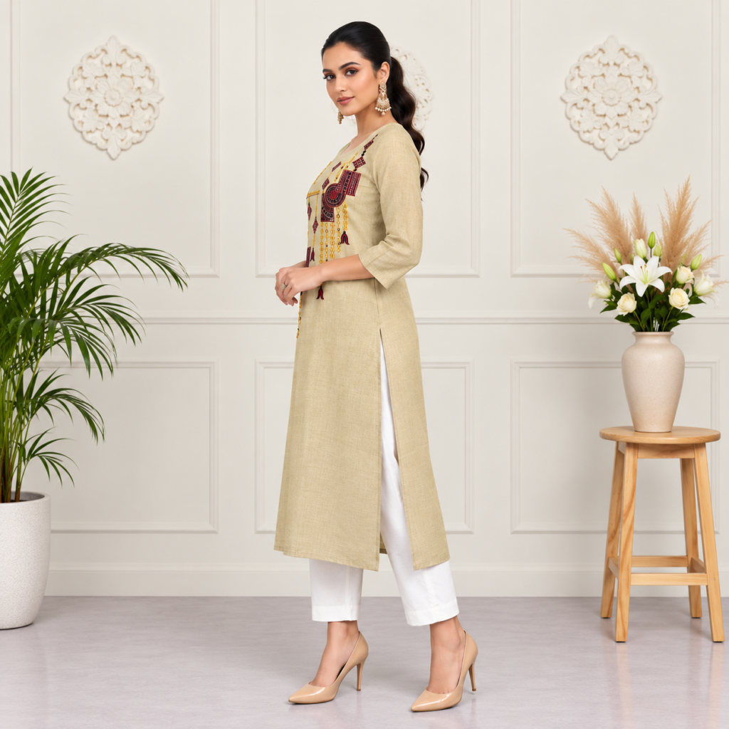 Beige Geometric Embroidered Cotton-Linen Kurti - photo 2