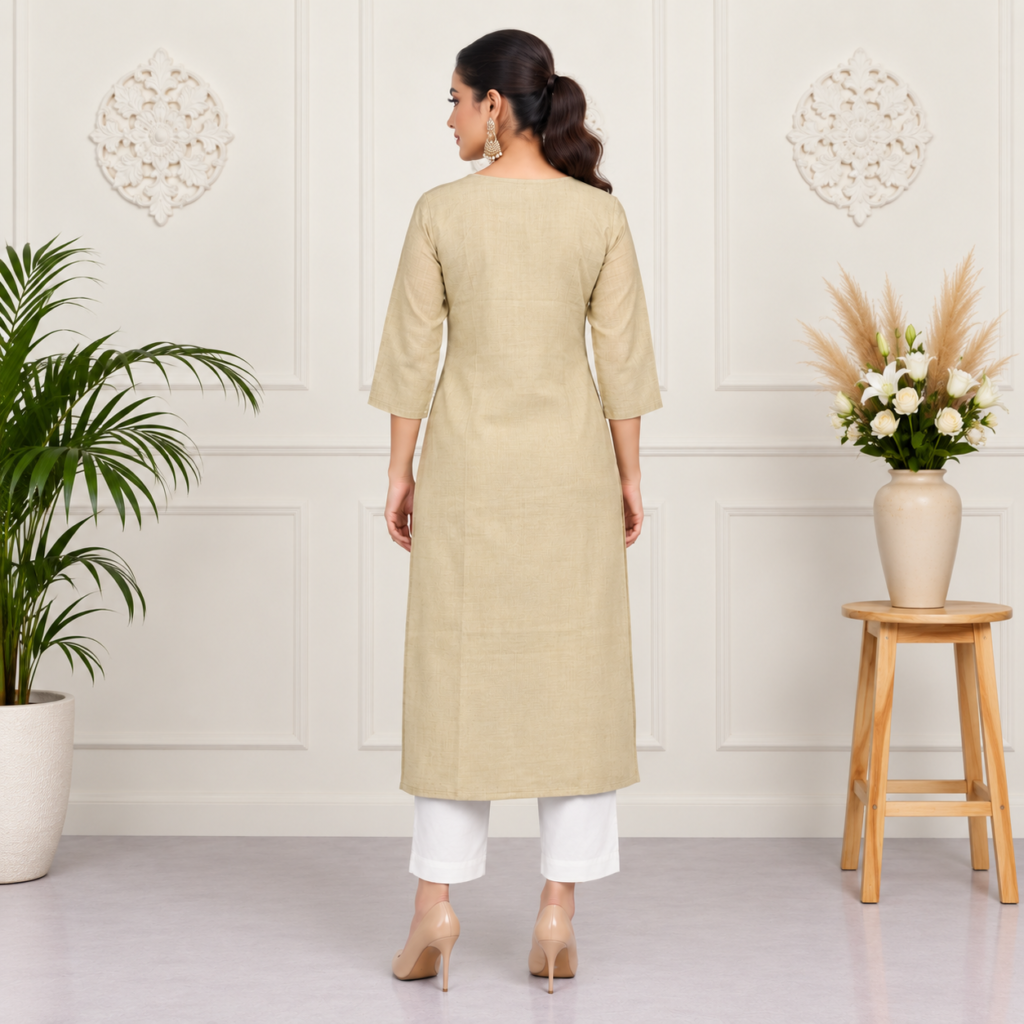 Beige Geometric Embroidered Cotton-Linen Kurti - photo 3