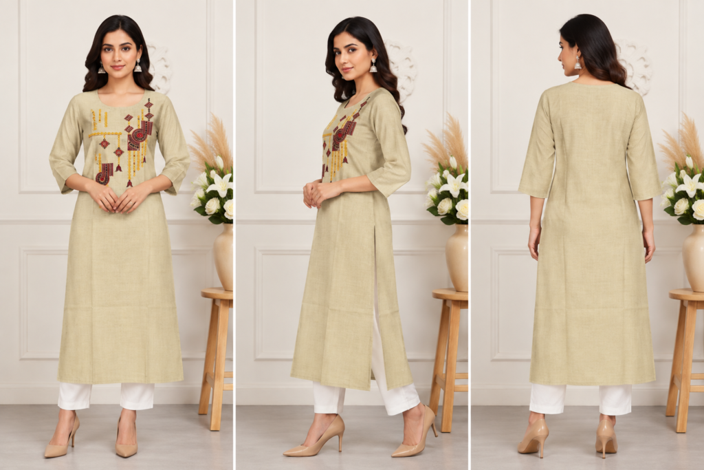 Beige Geometric Embroidered Cotton-Linen Kurti - photo 4