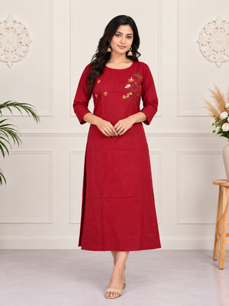 Maroon Floral Embroidered Cotton Kurti