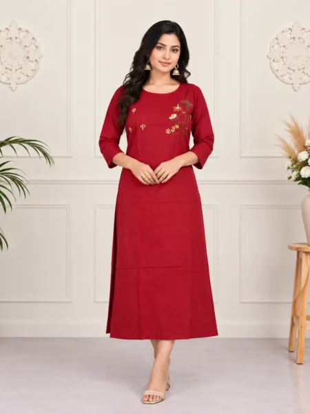 Maroon Floral Embroidered Cotton Kurti