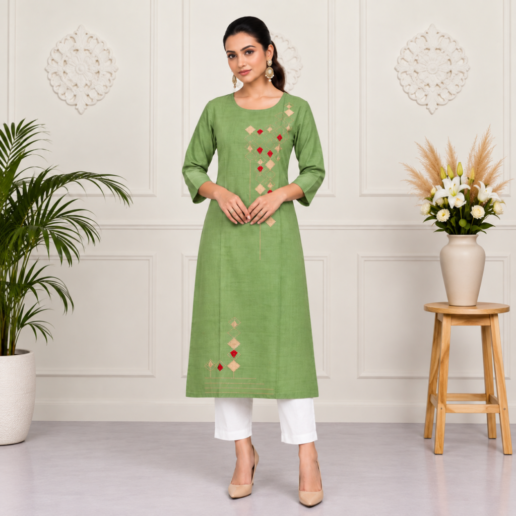 Green Diamond Embroidered Cotton Kurti