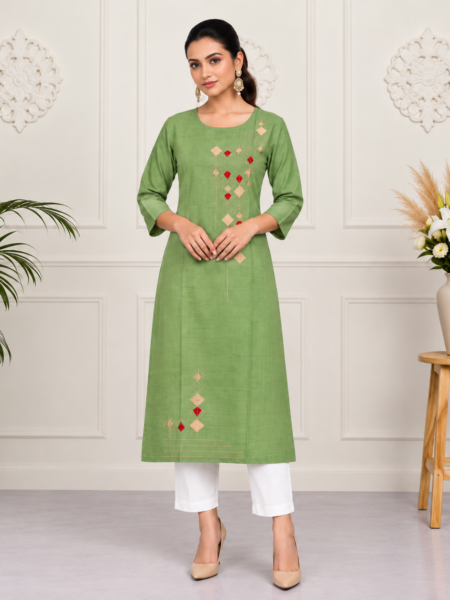 Green Diamond Embroidered Cotton Kurti