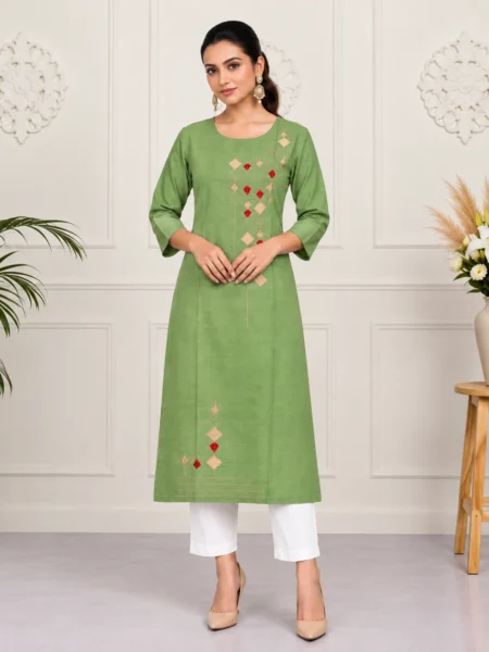 Green Diamond Embroidered Cotton Kurti