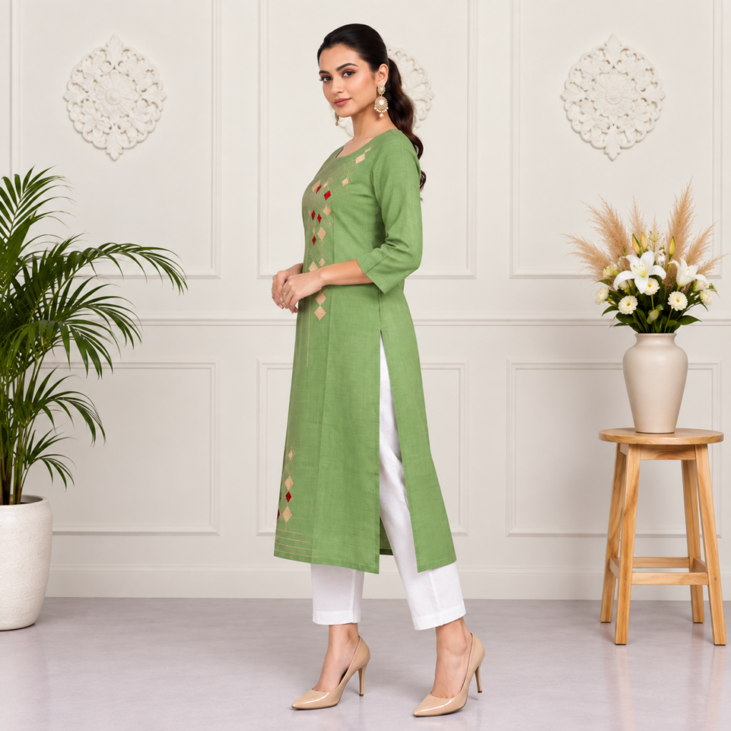 Green Diamond Embroidered Cotton Kurti - photo 2