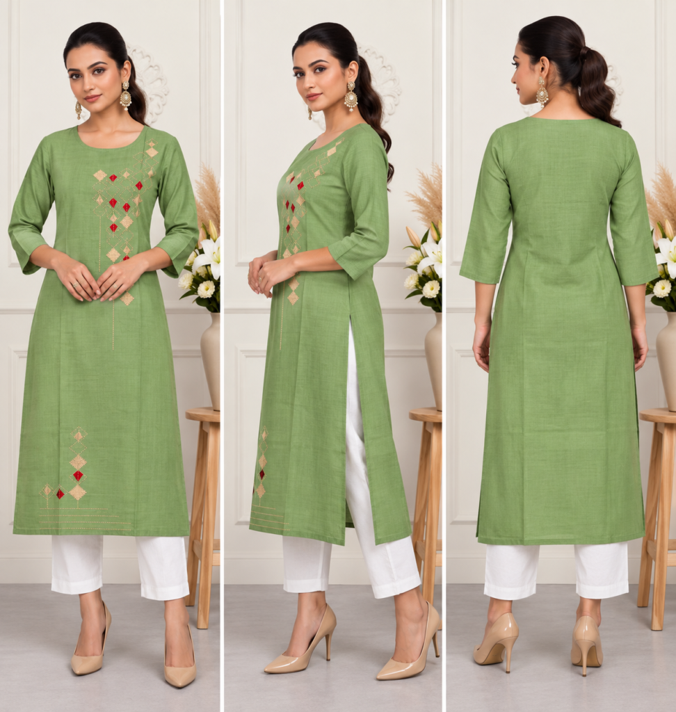 Green Diamond Embroidered Cotton Kurti - photo 4
