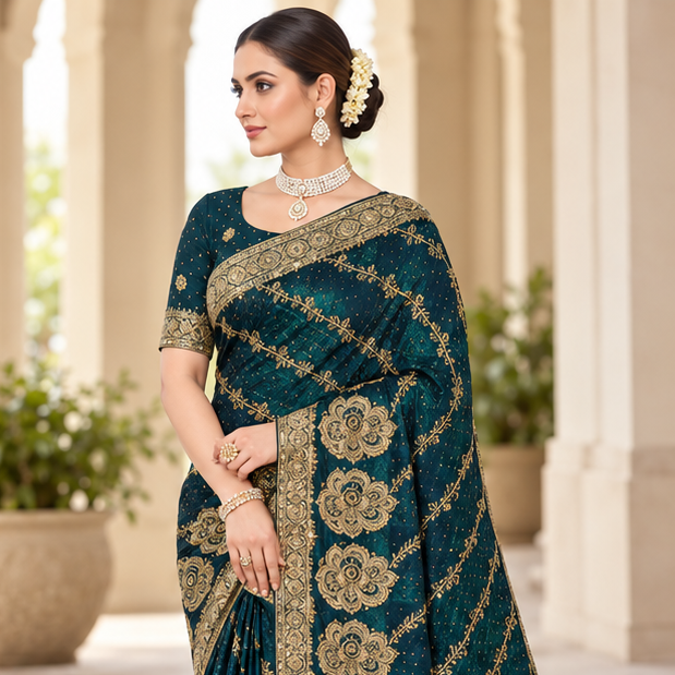 Fendy Fabric Party-Wear Saree with Woven Design in Blue