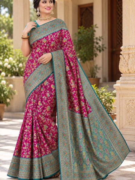 Woman wearing a pink Pari Meena pashmina silk saree with a floral print and teal border